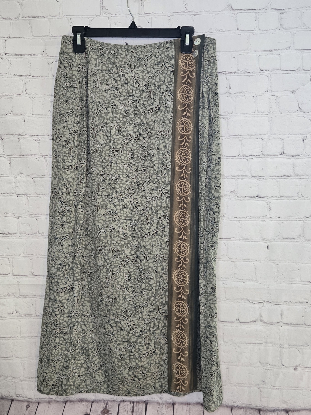 Requirements Sage Green Printed Maxi Wrap Skirt with Brown Trim